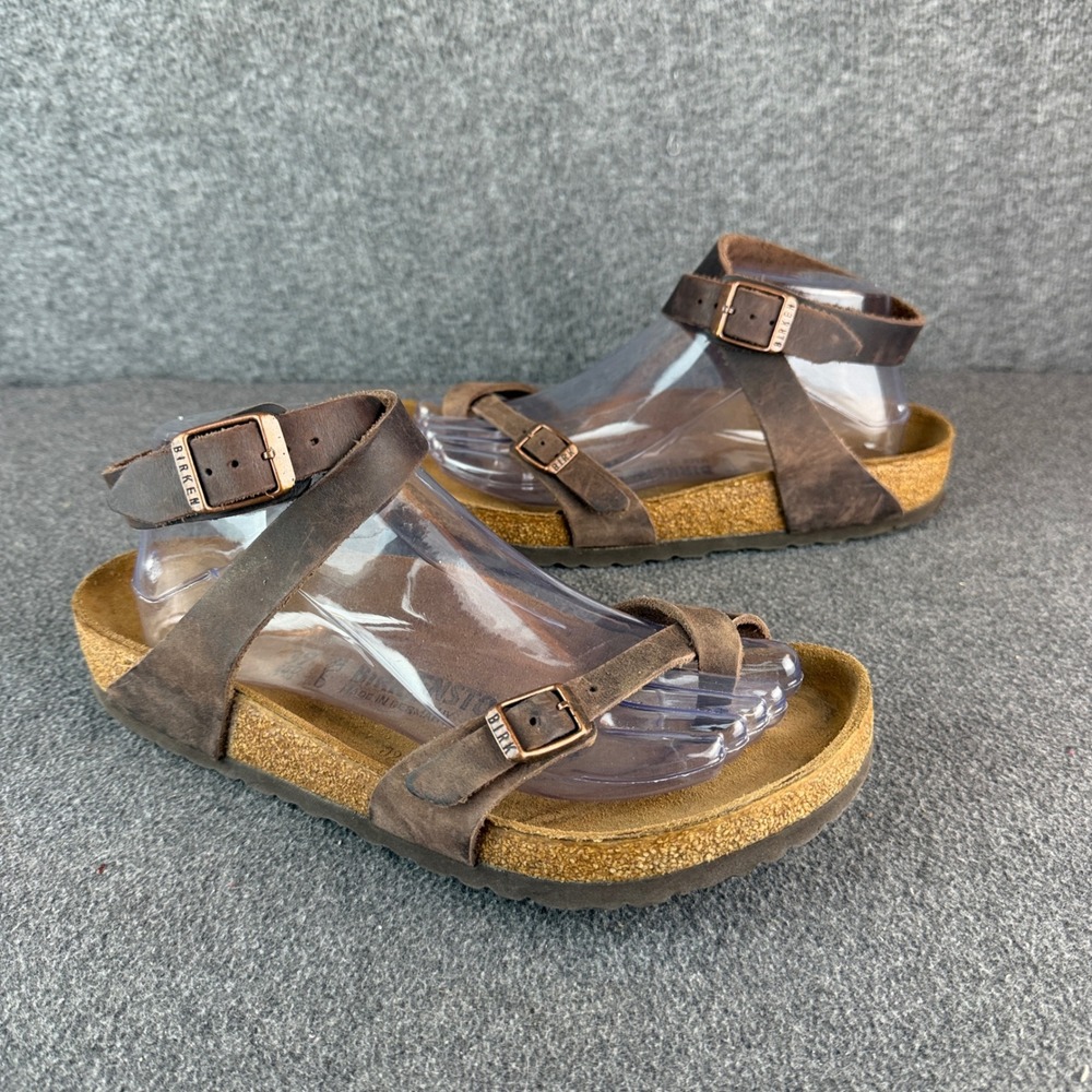 Birkenstock Yara Sandals 39 Womens Brown Leather Ankle Strap Toe Loop Flat
